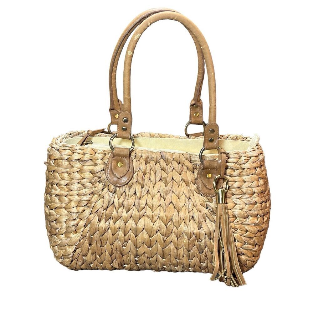 Straw Studios Natural Straw Woven Shoulder Bag with Tan Leather Handles